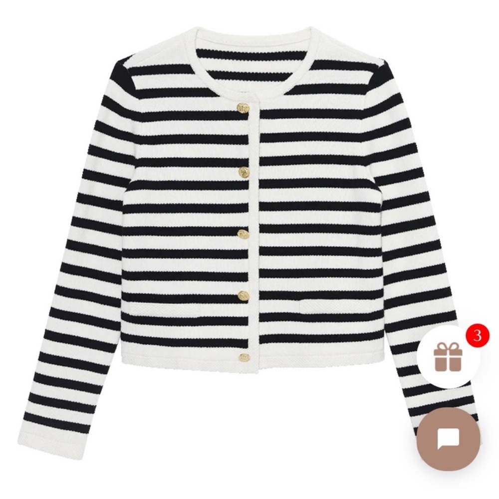 Goelia Button Up Striped Woolen Cardigan black white striped Wool Sweater Sz XL